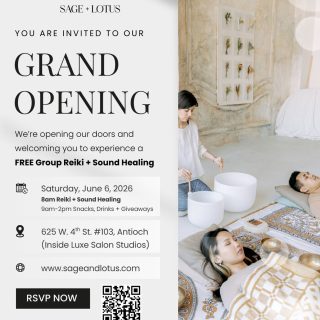 You’re officially invited. 🥹🤍✨

I’ve been creating this space with so much intention and I’m so excited to finally open the doors and celebrate this next chapter with all of you.

Join us for a morning of healing, connection, community, snacks, drinks, giveaways, and good energy. 🌿✨

✨ FREE Group Reiki + Sound Healing
🗓 Saturday, June 6, 2026
⏰ 8am Healing Session
🥂 9am–2pm Snacks, Drinks + Giveaways

📍625 W. 4th St. #103, Antioch
(Inside Luxe Salon Studios)

Even though the healing session is free, RSVP is still required so we can properly prepare the space for everyone attending. 🤍

✨ To RSVP, scan the QR code on the image or head over to sageandlotus.com

I seriously can’t wait to welcome you into this space. 🥹