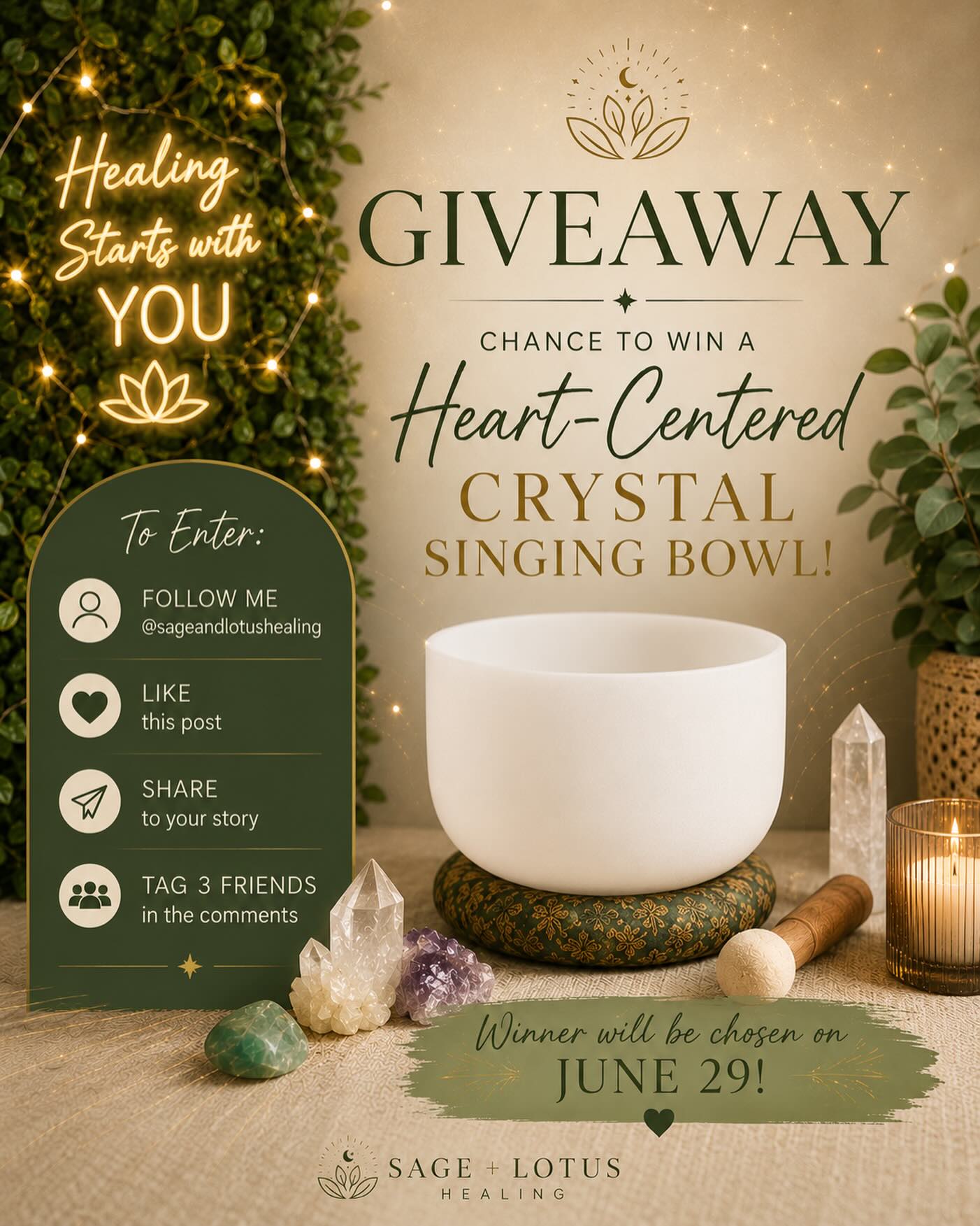 🎉 GIVEAWAY TIME! 🎉

In honor of my grand opening for Sage + Lotus, I’m giving away something incredibly special…

✨ A Heart-Centered Crystal Singing Bowl ✨

This isn’t just any bowl. This was actually the very first crystal singing bowl my husband bought for me when I started my own healing practice. It has been part of countless Reiki sessions, meditations, sound baths, and moments of healing over the years. It has treated me with so much love, but now it’s time for it to bless another amazing person on their own spiritual journey. 💚

This beautiful bowl is tuned to support the Heart Chakra, helping cultivate love, compassion, emotional healing, forgiveness, and deeper connection with yourself and others.

TO ENTER:

💚 Follow me @sageandlotushealing
💚 Like this post
💚 Share this post to your story
💚 Tag 3 friends in the comments

✨ Bonus: Each additional comment with 3 tagged friends counts as an extra entry!

📅 Winner will be chosen on June 29, 2026.

IMPORTANT:
📦 Winner must be willing to pay shipping costs if the bowl needs to be shipped.
📍 Local winners may pick up the bowl from my office in Antioch, CA.

Thank you for supporting Sage + Lotus and being part of this incredible new chapter. I can’t wait to see where this beautiful bowl’s journey continues next. 💚✨